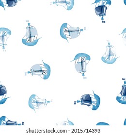 Blue sailboat seamless pattern. mast vessel with sails background. Pirate ship wallpaper. Decorative backdrop for fabric design, textile print, wrapping, cover. Cute child vector illustration.