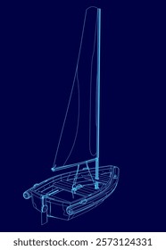 Blue sailboat is shown in a blue background. The boat is small and has a long, narrow sail. Concept of calmness and serenity, as the sailboat is floating peacefully on the water