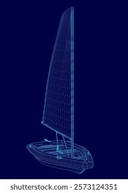 Blue sailboat is shown in a blue background. The sail is long and narrow, and the boat is positioned in the middle of the image