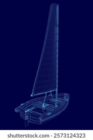 Blue sailboat is shown in a blue background. The sailboat is a small model, and the image is in a blue color