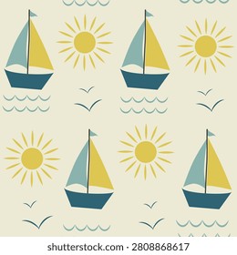 Blue Sailboats with orange boho sun and sea waves seamless pattern on beige background . for summer vacation backgrounds, coastal backdrop and beach house decorations 