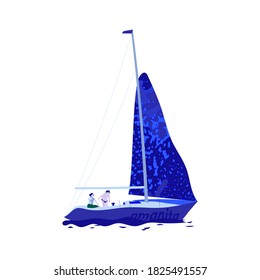 Blue sailboat.Ship with sail isolated on white background.Vector illustration