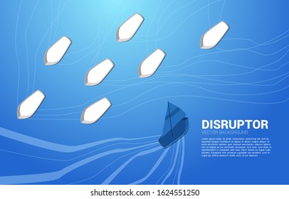 blue sailing boat go different way from group of white. Business Concept of disruption and vision mission.
