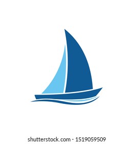 blue Sailing boat logo icon abstract vector template. Sailboat on the waves. Vector illustration