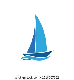 blue Sailing boat logo icon abstract vector template. Sailboat on the waves. Vector illustration