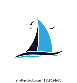 blue Sailing boat logo icon abstract vector template. Sailboat on the waves. Vector illustration