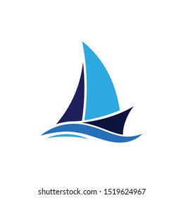 blue Sailing boat logo icon abstract vector template. Sailboat on the waves. Vector illustration