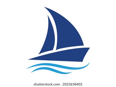 blue Sailing boat logo. icon abstract vector template. Sailboat on the waves. Vector illustration