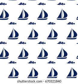 Blue sailing boats with waves on white background. Seamless pattern. Vector image.