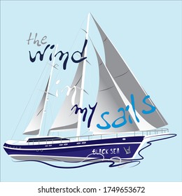 Blue sailing yacht vector character illustration