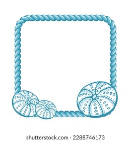 Blue sailor rope with hand drawn seashells isolated on white background. Marine background, frame