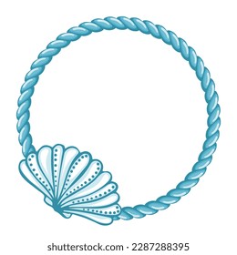Blue sailor rope with shell, frame. Marine background, logo, template, vector