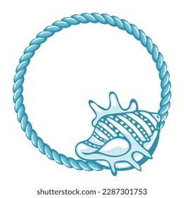 Blue sailor rope with shell, frame. Marine background, logo, template, vector