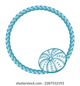 Blue sailor rope with shell, frame. Marine background, logo, template, vector