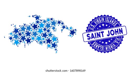 Blue Saint John Island map mosaic of stars, and textured round stamp. Abstract geographic scheme in blue color hues. Vector Saint John Island map is organized of blue stars.