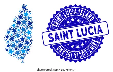 Blue Saint Lucia Island map composition of stars, and grunge rounded seal. Abstract territory scheme in blue color hues. Vector Saint Lucia Island map is designed of blue stars.