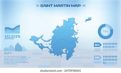 Blue Saint Martin Map with States, Political Saint Martin infographic map vector illustration