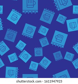 Blue Saint Patricks day with calendar icon isolated seamless pattern on blue background. Four leaf clover symbol. Date 17 March.  Vector Illustration