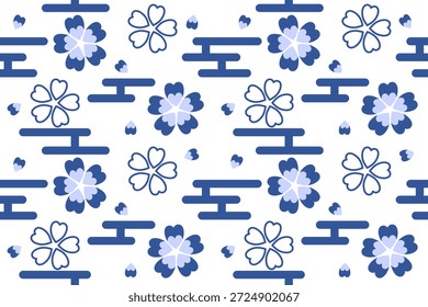 Blue sakura flowers and geometric cloud  seamless pattern.Cute cherry blossoms.traditional traditional Japanese textile design.Abstract background surface texture.Hand drawn illustration.Nature botanical folk art for summer,spring decor,Japanese festival,holiday,autumn,fall,seasonal,wrapping paper,home decor,wallpaper,fabric,element decoration