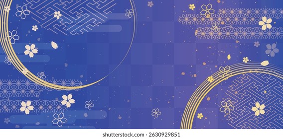 Azul Sakura Ouro Círculo Japonês Vetor Fundo