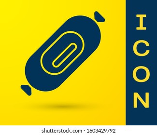 Blue Salami sausage icon isolated on yellow background. Meat delicatessen product.  Vector Illustration