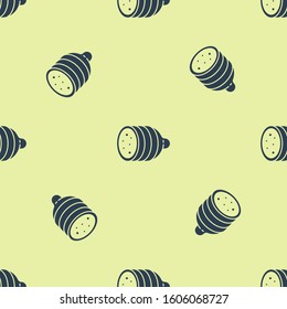 Blue Salami sausage icon isolated seamless pattern on yellow background. Meat delicatessen product.  Vector Illustration