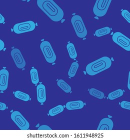 Blue Salami sausage icon isolated seamless pattern on blue background. Meat delicatessen product.  Vector Illustration
