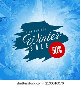 Blue  sale label with frost on the window effect in the background, some text content and red price tag sticker - price frozen announcement
