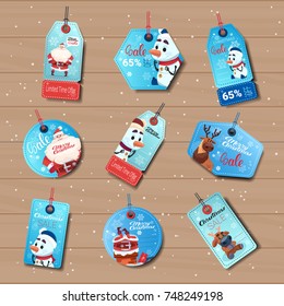 Blue Sale Tages Christmas Shopping Discounts Stickers Collection On Wooden Background Flat Vector Illustration