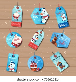 Blue Sale Tages Christmas Shopping Discounts Stickers Collection On Wooden Background Flat Vector Illustration