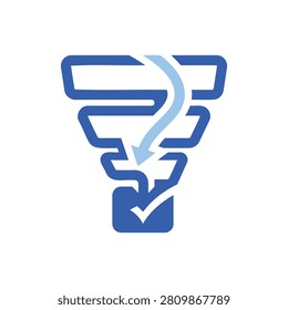 Blue sales funnel icon with a downward arrow and a success checkmark symbol