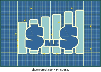 Blue sales text on chart diagram. Blueprint design sales progress sticker. Relative for retail business. Bars silhouettes rise up. Measures lines