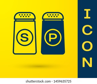 Blue Salt and pepper icon isolated on yellow background. Cooking spices.  Vector Illustration