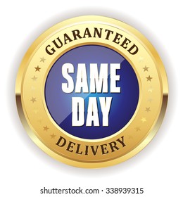 Blue same day delivery badge with gold border