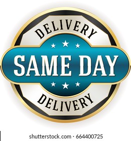 Blue same day delivery badge/button with gold border