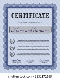 Blue Sample Certificate. Artistry design. Vector illustration. With linear background. 