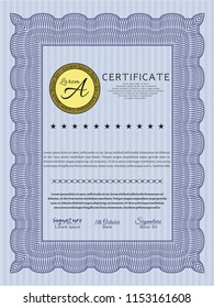 Blue Sample Certificate. Artistry design. Vector illustration. With background. 