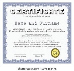 Blue Sample Certificate. Artistry design. Vector illustration. With background. 