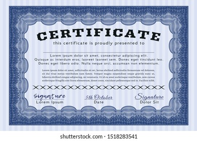 Blue Sample Certificate. Artistry design. With great quality guilloche pattern. Customizable, Easy to edit and change colors. 