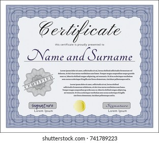 Blue Sample Certificate. Artistry design. Vector illustration. With guilloche pattern. 
