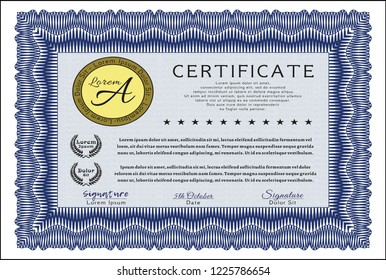 Blue Sample Certificate. With complex background. Money style design. Customizable, Easy to edit and change colors. 