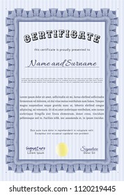 Blue Sample Certificate. With complex linear background. Vector illustration. Money style design. 
