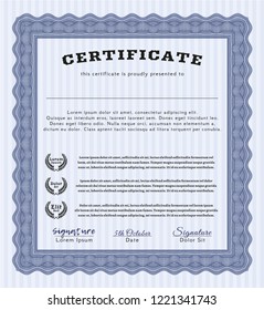 Blue Sample Certificate. Cordial design. With linear background. Detailed. 