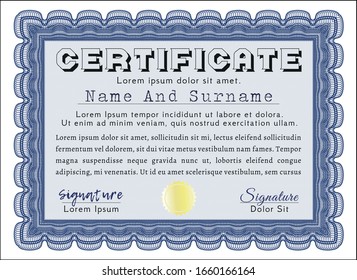 Blue Sample Certificate. Cordial design. Customizable, Easy to edit and change colors. Complex background. 