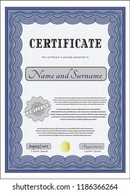 Blue Sample Certificate. Customizable, Easy to edit and change colors. With guilloche pattern and background. Money design. 