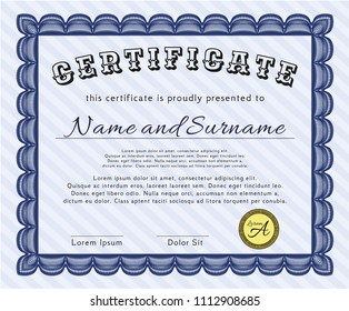 Blue Sample Certificate. Detailed. Complex background. Money design. 