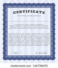 Blue Sample Certificate. Detailed. With great quality guilloche pattern. Sophisticated design. 