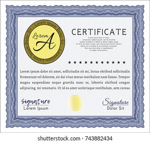 Blue Sample Certificate. Detailed. With guilloche pattern. Sophisticated design. 