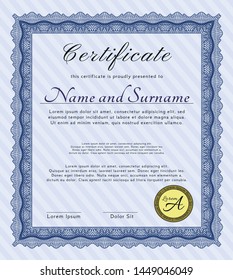 Blue Sample Certificate. Detailed. Printer friendly. Cordial design. 
