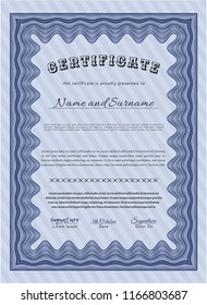 Blue Sample certificate or diploma. Artistry design. Customizable, Easy to edit and change colors. With guilloche pattern. 